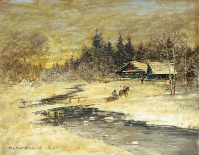 Traineau Passant Sur Un Pont Au Soleil Couchant