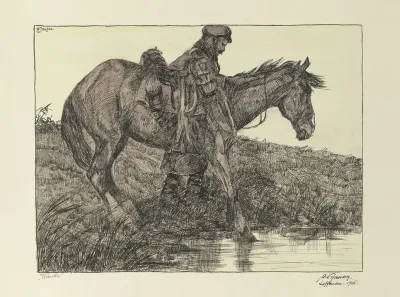 Tranke Soldat Mit Pferd Am Wasser