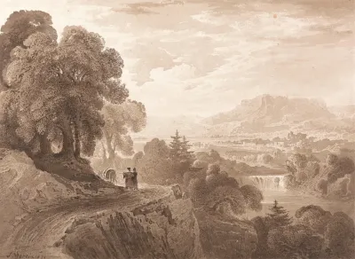 Travelers On A Road Above A River