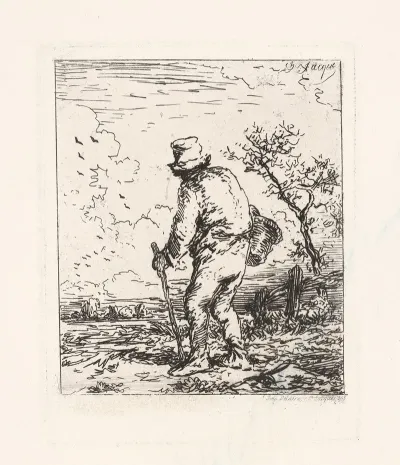 Traveling Man With Basket And Walking Stick