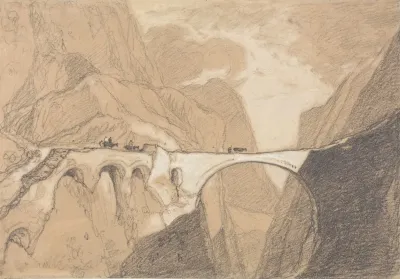 Travellers Crossing A Bridge Over An Alpine Gorge