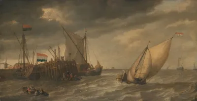 Travellers Disembarking At A Jetty On The Scheldt In Strong Winds
