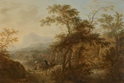 Travellers On A Wooded Path By A River And Bathers In A Mountainous Landscape