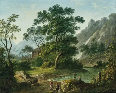 Travellers Resting Near A Mountain Lake