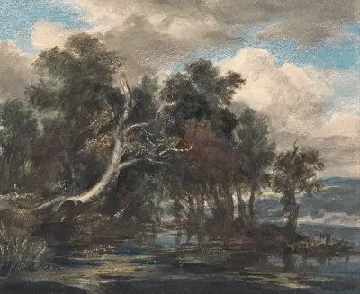 Trees By A River Cloudy Sky