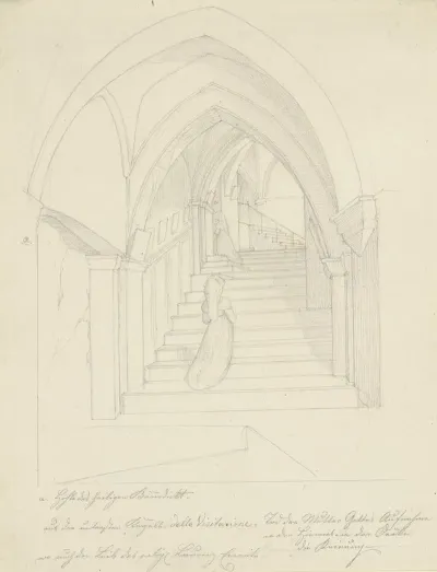 Treppenaufgang Im Kloster San Benedetto Bei Subiaco Links Der Zugang Zum Sacro Speco Des Heiligen Benedikt