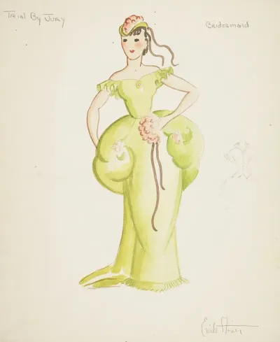 Trial By Jury Bridesmaid Green Gown With Puffed Waist Green Cap With Pink Flowers