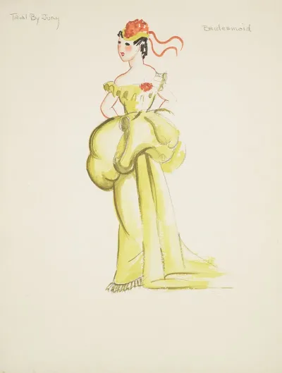 Trial By Jury Bridesmaid Yellow Gown With Puffed Waist Yellow Hat With Red Ribbons