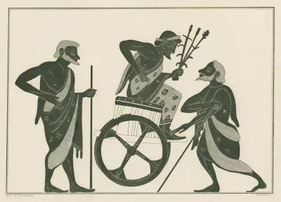 Triptolemus Seated In His Chariot Flanked By Two Men