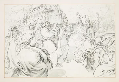 Triumphal Procession In Which Figures Labeled Lodge Foraker Aldrich And Shaw Bear A Container Labeled Dingley Tariff