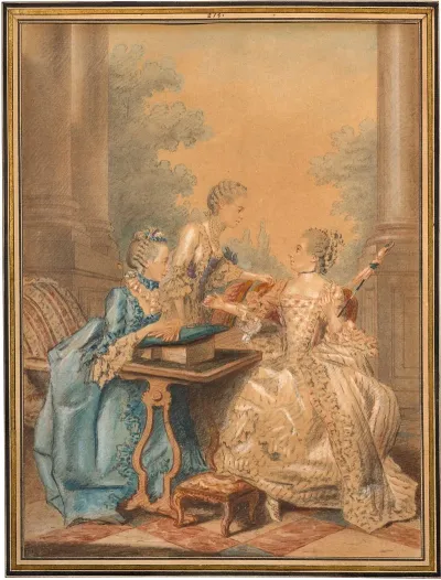 Trois Dames De Qualite A Leurs Ouvrages Sur Une Terrasse