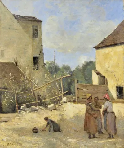 Trois Paysannes Causant Dans Une Cour Rustique