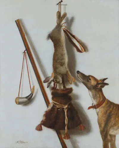 Trompe Loeil Mit Erlegtem Kaninchen Jagdutensilien Und Einem Jagdhund Vor Einer Weisen Wand