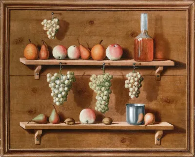 Trompe Loeil Of Pears Apples And Nuts Resting On Ledges And Bunches Of Grapes Hanging From Ledges All Within A Painted Frame