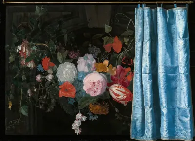 Trompe Loeil Still Life With A Flower Garland And A Curtain