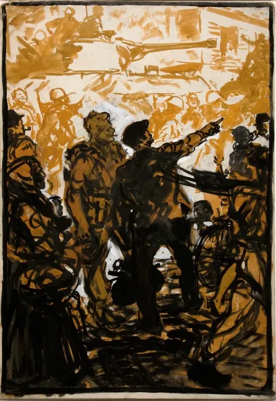 Troops And Tank Moving Through Crowded Street Man Giving Directions To Soldier