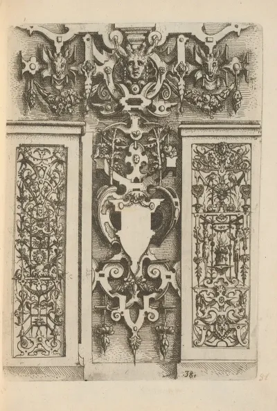 Trophy Of Scrollwork With Cartouches Mascarons And Flat Decorations With Grotesques