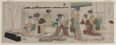 Tsukasa And Other Courtesans Of The Ogiya Watching The Autumn Moon Rise Over Rice Fields From A Balcony In The Yoshiwara