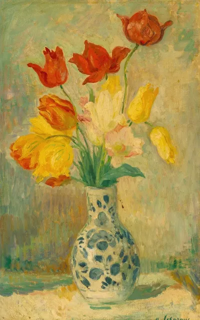 Tulips In A Delftware Vase