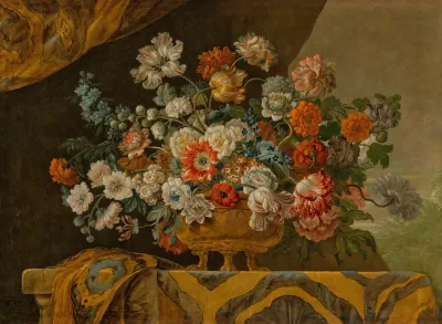 Tulips Poppies Roses Anemones And Other Flowers In An Urn On A Draped Stone Ledge