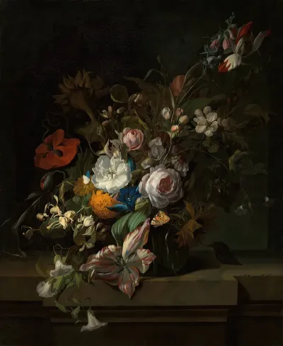 Tulips Rose Honeysuckle Apple Blossom Poppies And Other Flowers In A Glass Vase With A Butterfly On A Marble Ledge