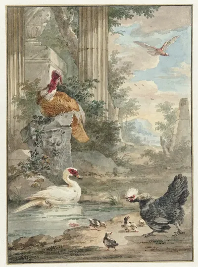 Turkey And Other Birds Near Classical Ruins In A Park
