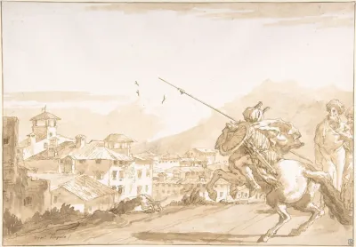 Turkish Lancer And Onlookers Approaching A Town