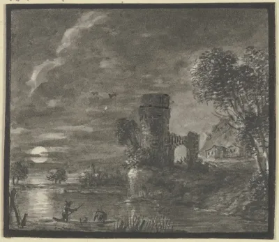 Turmruine Am Wasser Bei Mondschein