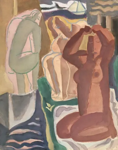 Twee Badende Vrouwen En Een Rugfiguur