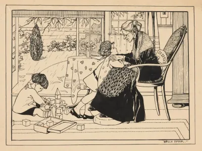 Twee Kinderen En Een Oude Vrouw In Een Interieur