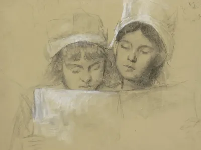 Twee Meisjes Met Witte Mutsen Lezend In Een Boek