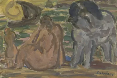 Twee Naakte Figuren En Een Paard Aan De Zee 2