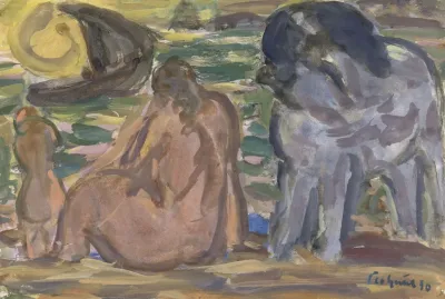 Twee Naakte Figuren En Een Paard Aan De Zee