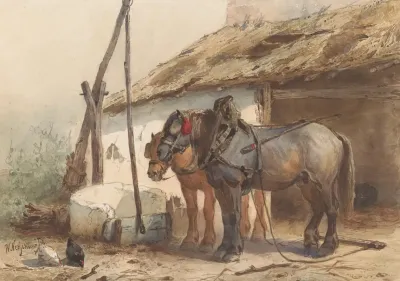 Twee Paarden Staand Voor Een Stal