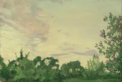 Twilight Evening Landscape With A Lilac Bush On The Right