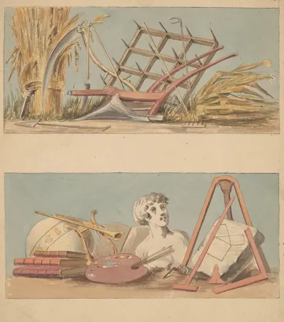 Two Allegorical Drawings On One Sheet Agriculture And Education