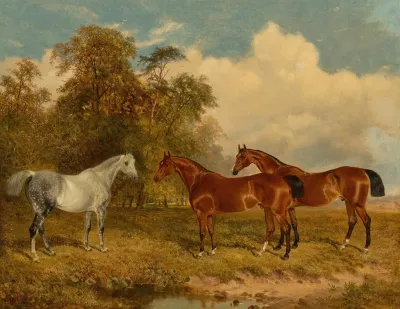 Two Bay Horses And A Dappled Grey In A Field With Trees On The Left