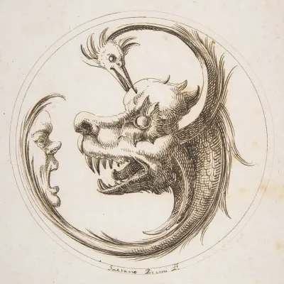 Two Beasts And A Human Mask Within A Circle