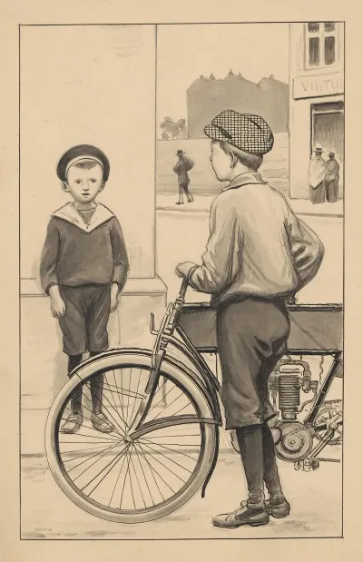 Two Boys Look At Each Other On A Street Corner One Boy Is Standing Next To A Motorcycle