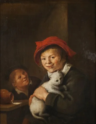 Two Boys Playing With A Cat