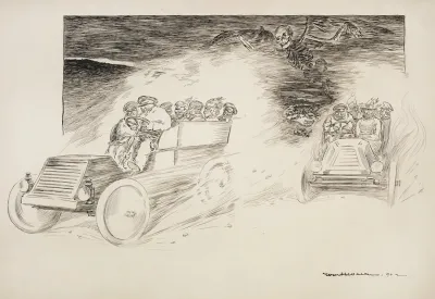 Two Cars Full Of People Drive Down A Road Oblivious Of The Dead Bodies In The Road Behind Them And The Skeleton Death Floating Above Them