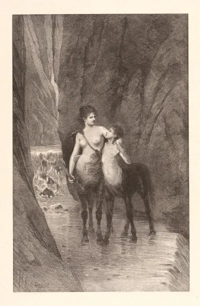 Two Centaurs Mother And Child Standing In Mountain Stream