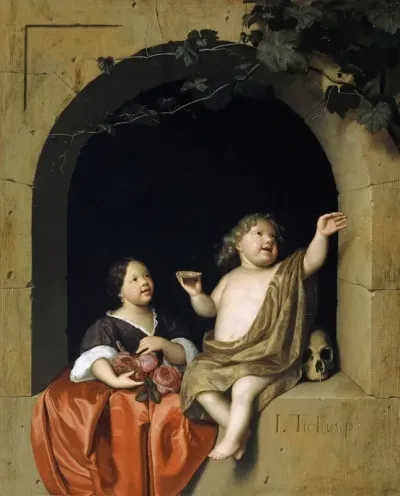 Two Children At A Window Looking At A Soap Bubble