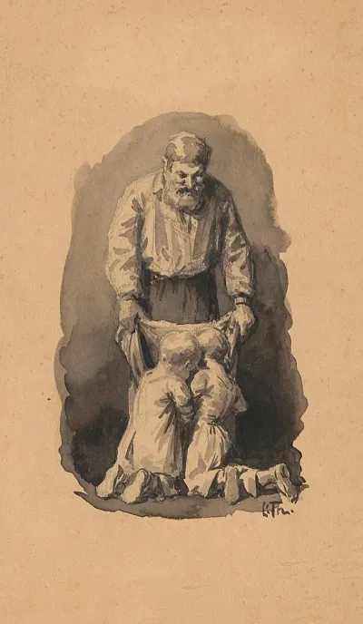Two Children Look Into A Sack Held By A Man