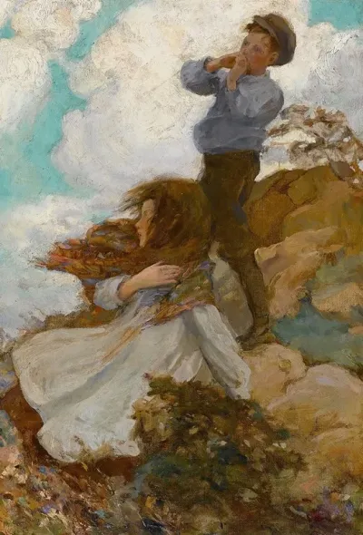 Two Children On A Windswept Hill