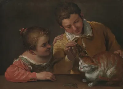 Two Children Teasing A Cat