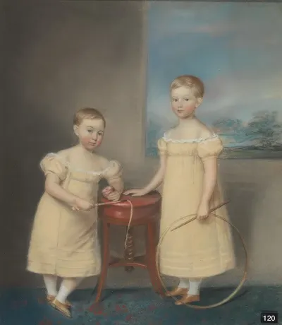 Two Children Wearing Yellow Dresses The Elder Holding A Rolling Hoop And Stick And The Younger Holding A Whip Top And Whip