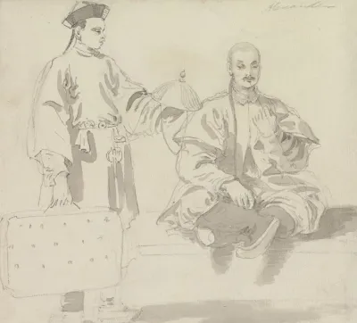 Two Chinese Figures A Seller Of Hats And A Man Sitting Cross Legged Smoking A Pipe