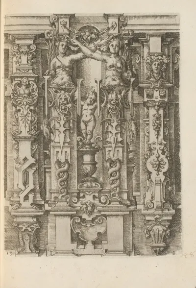 Two Composite Pilasters Two Female Herms And A Vase With A Child On Top