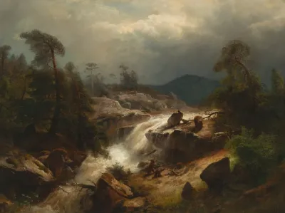 Two Cubs And Their Mother By A Waterfall